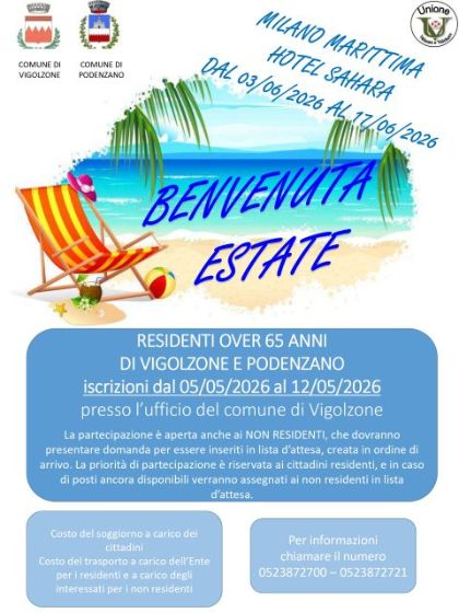 Soggiorno marino residenti di Vigolzone e Podenzano over 65 anni dal 03/06/2026 al 17/06/2026